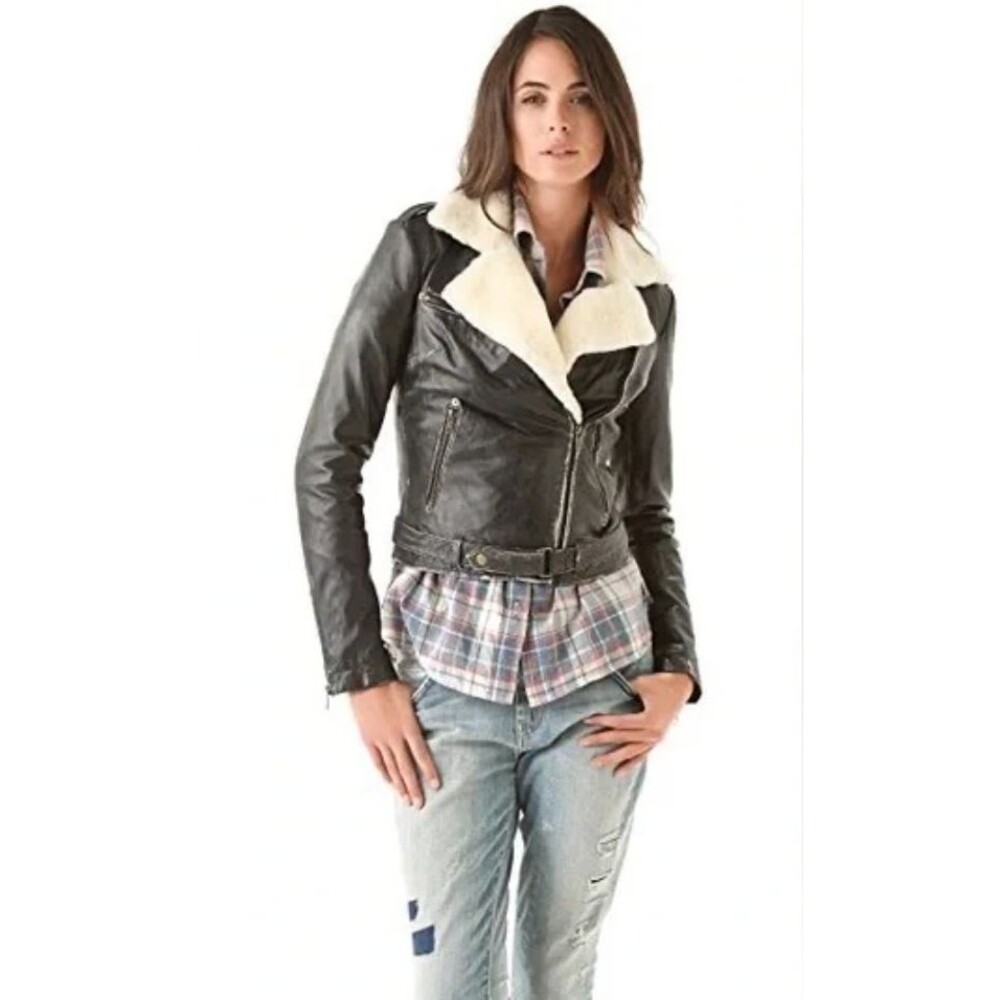 Current Elliott shearling Distressed Black leather biker jacket Size 2
